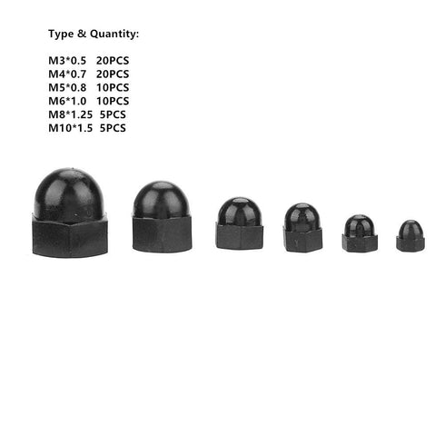 Walfront 70Pcs Black Nylon Acorn Hex Nuts, M3/M4/M5/M6/M8/M10 Sizes