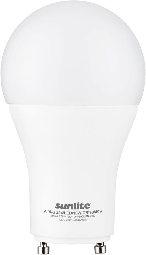 Sunlite A19 GU24 Dimmable Light Bulb, 9 Watts (60W Equivalent), 800 Lumens, 4000K Cool White, 2 Prong LED Base, 1 Pack