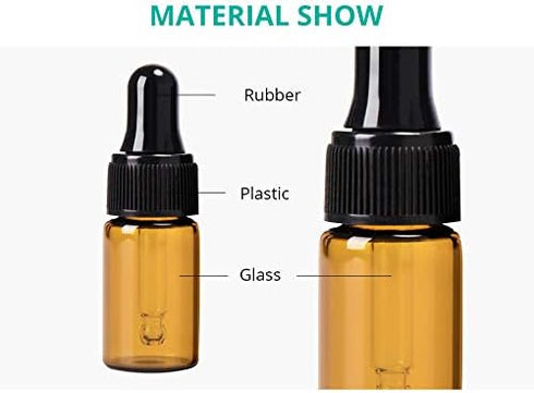 50 Pack, 3ml Amber Glass Dropper Vial for Essential Oils, Empty Glass Eye Dropper Bottle with Black Screw Cap