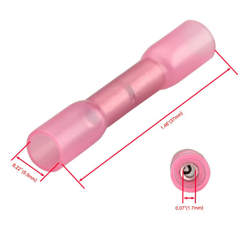 Butt Splice Connector Heat Shrinkable Insulated, BHT1.25, 0.5-1.5mm² (22-16 AWG), Electrical Cable Crimp Tube, Red, 50