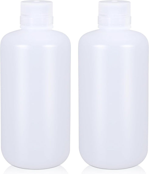 1000ml/2 Pcs HDPE Narrow Mouth Round Container, Leak Proof Plastic Lab Chemical Reagent Bottles, Water Sample Bottles
