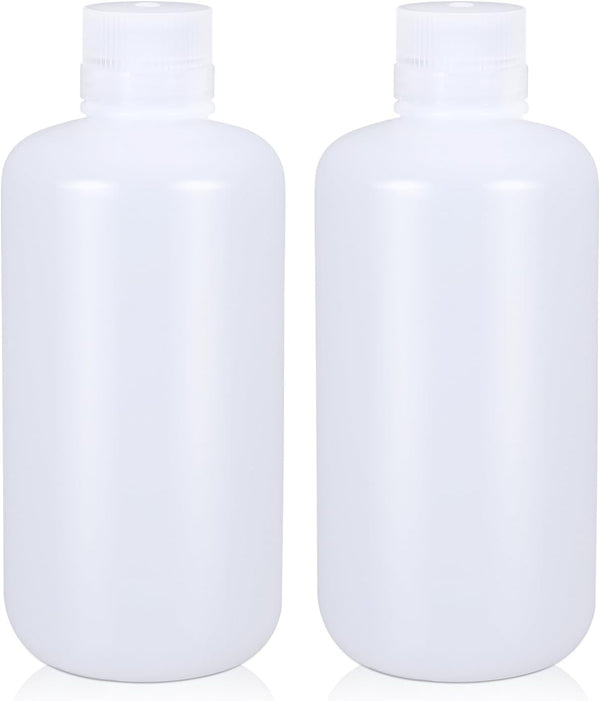1000ml/2 Pcs HDPE Narrow Mouth Round Container, Leak Proof Plastic Lab Chemical Reagent Bottles, Water Sample Bottles