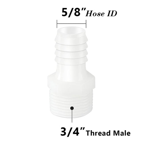 Quickun Plastic Hose Barb Fitting, 5/8" Barb to 3/4" Male Thread White Adapter Union Fitting (Pack of 5)