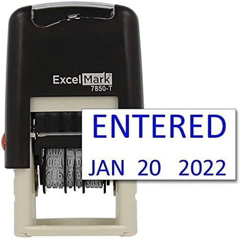 ExcelMark Entered Self-Inking Rubber Date Stamp, Compact Size, Blue Ink