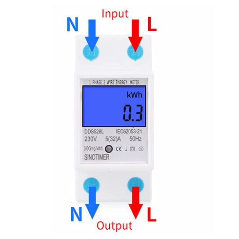 Electric Energy Meter, 5-32A 110-230V AC Multi Function Watt Hour Meter with LCD Display, DIN Rail Mount