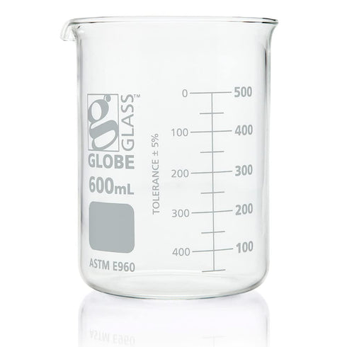 Globe Scientific 600mL Low Form Griffin Style Beaker, 3.3 Borosilicate Glass, 6/Box