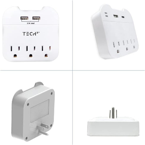 Tech2 3-Outlet Surge Protector Power Strip with 2 USB Charging Ports, ETL Certified for Home, School, or Office