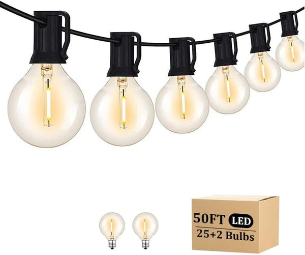 RYKUG 50FT LED Outdoor String Lights with 27 G40 Bulbs (2 Spare) Connectable