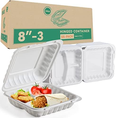 Reusable To Go Containers - 55 Pack BPA Free 3 Compartment Food Container 34 oz Clamshell Take Out