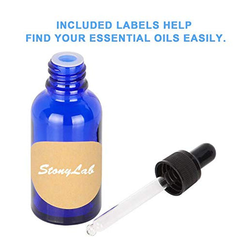 stonylab 30ml (1 oz) 2-Pack Cobalt Glass Dropper Bottle - Blue Empty Glass Bottle with Dropper, Inner Plug and Label