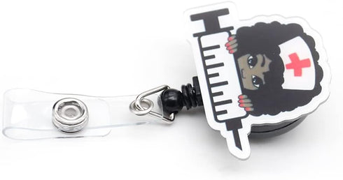 Cute Black Girl Retractable Badge Holder Gift for Women, ID Name Tag Nursing Badge Reel with Alligator Clips