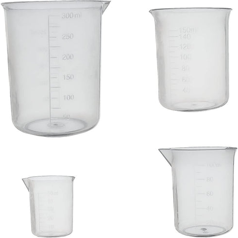 8 Pcs Plastic Graduated Beakers, Transparent Lab Measuring Cup, 50ml / 100ml / 150ml / 250ml Capacity, Clear Plastic
