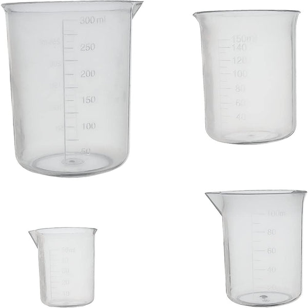 8 Pcs Plastic Graduated Beakers, Transparent Lab Measuring Cup, 50ml / 100ml / 150ml / 250ml Capacity, Clear Plastic