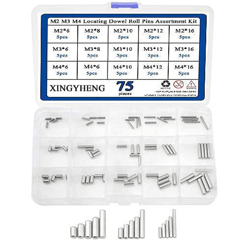 XINGYHENG 75PCS M2 M3 M4 304 Stainless Steel Dowel Pins Assortment Kit, Round Straight Pin Set with Storage Box