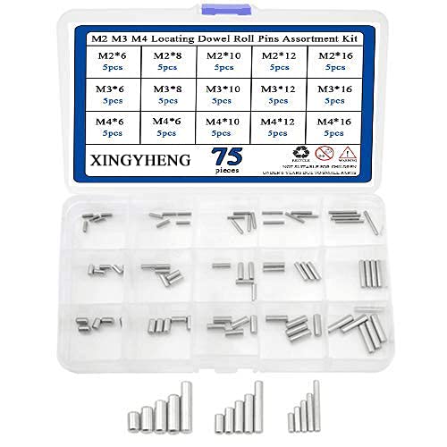 XINGYHENG 75PCS M2 M3 M4 304 Stainless Steel Dowel Pins Assortment Kit, Round Straight Pin Set with Storage Box