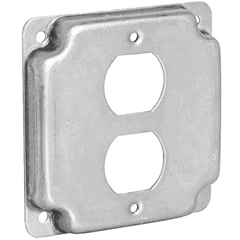 AP-12096, 4" Square Duplex Receptacle Electrical Box Cover, 1/2" Raised, Galvanized Steel, Crushed Corners