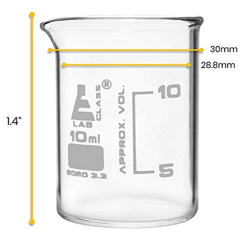 EISCO 12PK Beakers, 10ml Low Form with Spout, White Graduations, Borosilicate 3.3 Glass