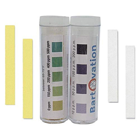Restaurant Sanitizer Test Kit for QAC Quaternary Ammonium, 0-500 ppm Quat & Chlorine, 2 Vials of 100 Strips