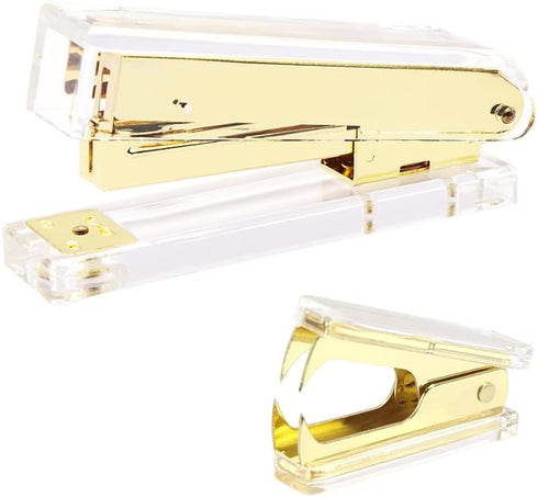 Clear Acrylic Body Stapler, Bright Yellow Gold Tone, Includes Staples Remover Set for Desktop Executive Use