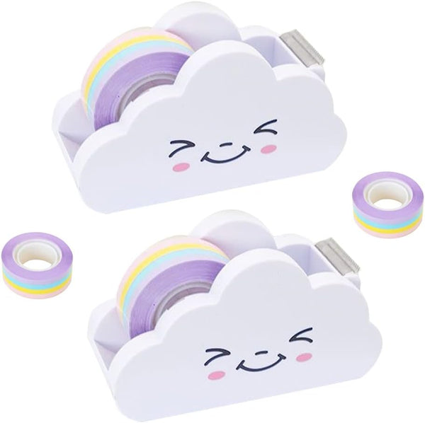 LUOZZY 2 PCS Cloud Tape Dispenser, Cartoon Desktop Tape Cutter with Rainbow Tape Roll Holder for Home Office