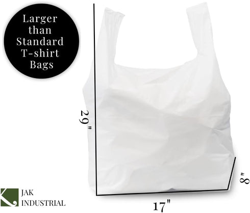 JAK Industrial 100 Pack 17" 8" 29" 18 - Jumbo (LARGE) T-Shirt Shopping/Trash Bags - x x - Microns Thick
