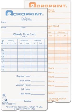 Acroprint Weekly Time Cards for ATR240 and ATR260, 250/Pack