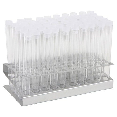 Karter Scientific 50 Tube - 16x150mm Clear Plastic Test Tube Set with Aluminum Rack and Caps