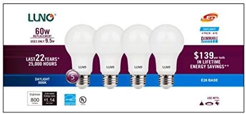 LUNO A19 Dimmable LED Bulb, 9.5W (60W Equivalent), 800 Lumens, 5000K (Daylight), Medium Base (E26),UL & Energy Star (4-Pack) by LUNO