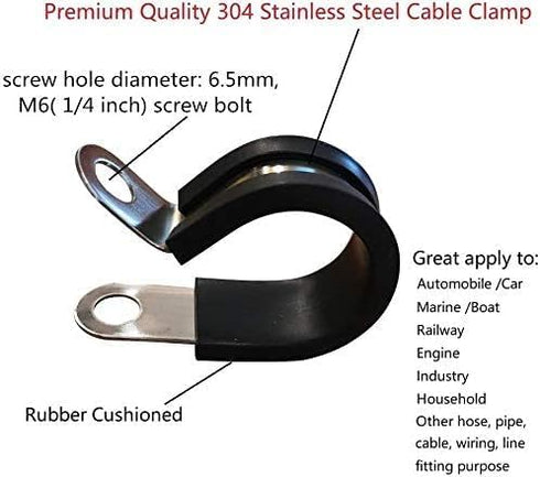 Universal TMKOOL 10 Pack Stainless Steel 1/2" Cable Rubber Cushioned Clamp, Insulated Clamp, Metal Clamp, Tube Holder Fastener for Tube, Pipe or Wire Cord Installation (10PCS 1/2 inch)