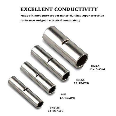 100 Pcs Non Insulated Butt Connectors - 16-14 AWG Electrical Wire Connectors, Seamless Uninsulated Crimp Terminals