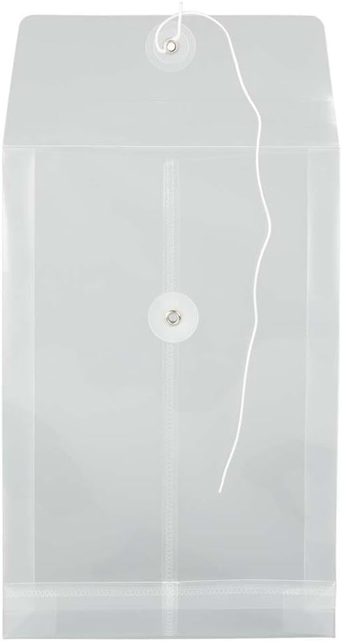 JAM PAPER Plastic Envelopes with Button & String Tie Closure, Clear