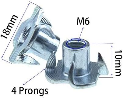 M6 X 10mm T Nut 4 Prong Tee Blind Nuts - Threaded Insert, No Rust Carbon Steel Zinc Plated, 40 Pack