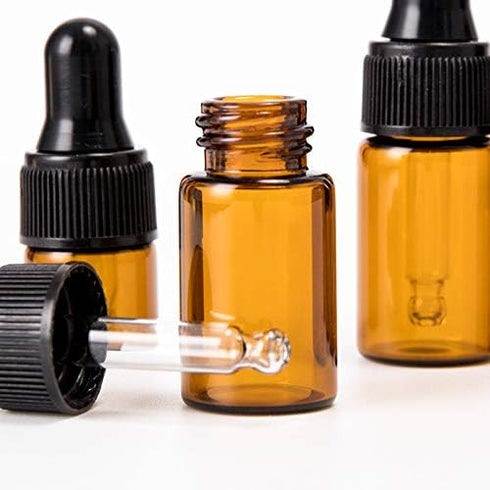 50 Pack, 3ml Amber Glass Dropper Vial for Essential Oils, Empty Glass Eye Dropper Bottle with Black Screw Cap