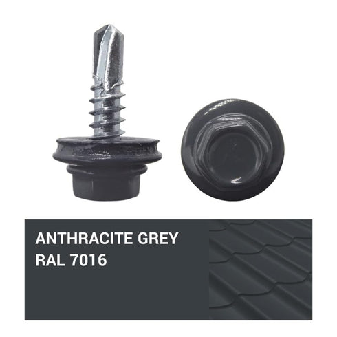 (Pack of 25) Metal Roofing Screws 3/16"" x 3/4"" (4.8 x 19 mm) Self-Drilling Screws with EPDM Washers, Anthracite Grey