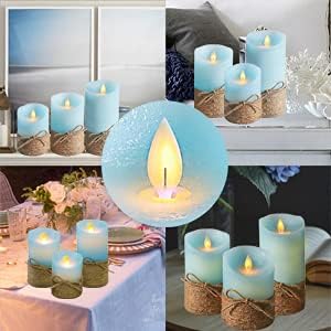 Set 3 Ocean Blue Flameless Candles, Nautical Themed Led Pillar Candles with Remote & Timer, Decorative Flickering