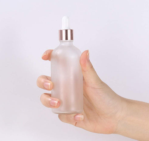 100ml/3.4oz Frosted Glass Dropper Bottles, 2 Pack Essential Oil and Perfume Sample Containers with Rose Gold Lids