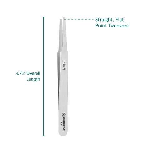 Excelta F-SA-PI Tweezers, Flat Point, Straight, Two Star, Anti-Mag. SS, 0.06" Height, 0.393" Wide, 4.75" Length
