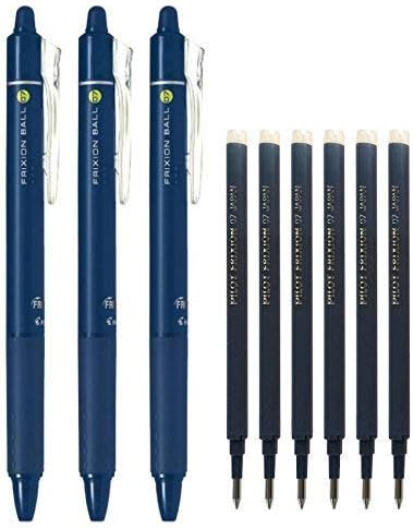 Pilot FriXion Ball Knock Retractable Erasable Gel Ink Pens, Extra Fine Point 0.7mm, Blue Black Ink, 3 Pens & 6 Refills Value Set