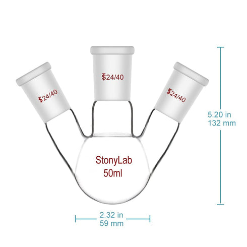 StonyLab Glass 50ml Heavy Wall 3 Neck Round Bottom Flask RBF, 24/40 Center and Side Standard Taper Outer Joint