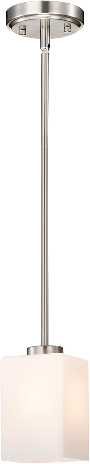 4 1-Light Edvivi Brushed Nickel Pendant Light, in. Mini Hanging Light Fixture with Square Shaped White Glass Shade