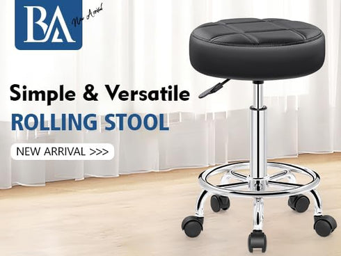 Brick Attic Rolling Stool with Wheels, PU Leather Small Office Chair with Foot Rest,Versatile Adjustable Swivel Stool