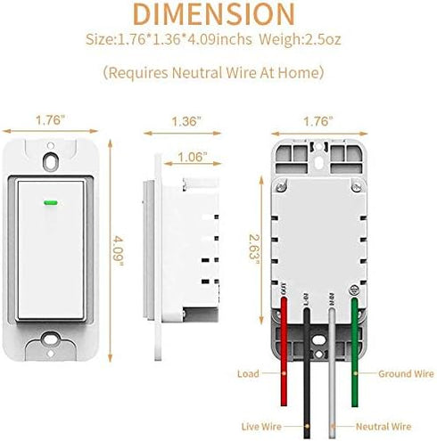 Smart Switch, WiFi Smart Light Switch, Compatible with Amazon Alexa and Google Home, Neutral Wire Needed