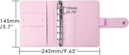 Pink A7 Macaron Colored PU Leather Binder Wallet - 6 Rings Loose Leaf Notebook Folders with Snap Button