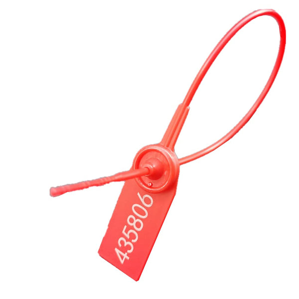 Middle Duty Security Plastic Seal with Metal Insert - 11 Inch Length, Numbered, Red Color, Package of 100