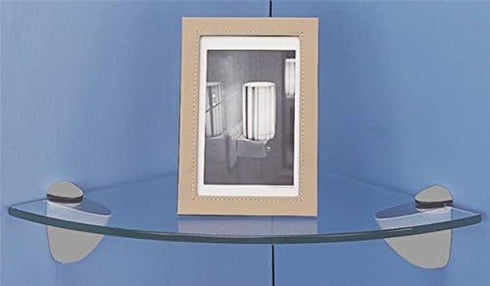 Mintcraft 9-3/4 Inch 1/4 5/16 Inch Circle Thick Glass Corner Shelf with Large Chrome Shelf Grip Support Brackets