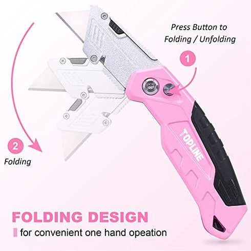 TOPLINE 2-Pack Pink Utility Knife Set, Retractable Box Cutter and Pocket Folding Knife