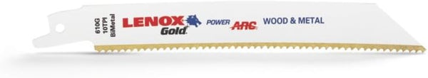 LENOX Tools 21064610GR Gold Power Arc Reciprocating Saw Blade, For Thick Metal, Wood, Plastic Cutting, 6-inch, 10 TPI, 5-Pack by Lenox