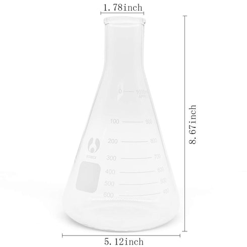 Glass Flask Erlenmeyer Flask, Narrow Mouth, 1000ml Graduated Flask with Stopper (Single).