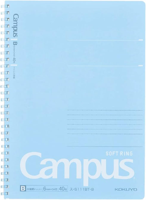 KOKUYO Campus Soft Ring Notebook, Semi-B5, 6mm Dot Ruled, 40 Sheets, Blue, Japan Import