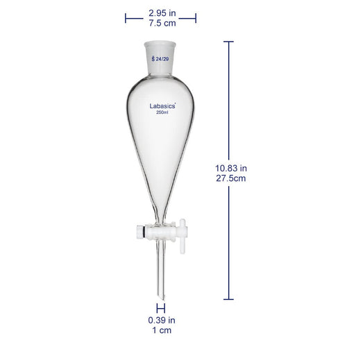 Conical Separatory Funnel, 250 ml Heavy Wall Borosilicate Glass with 24/29 Joints and PTFE Stopcock